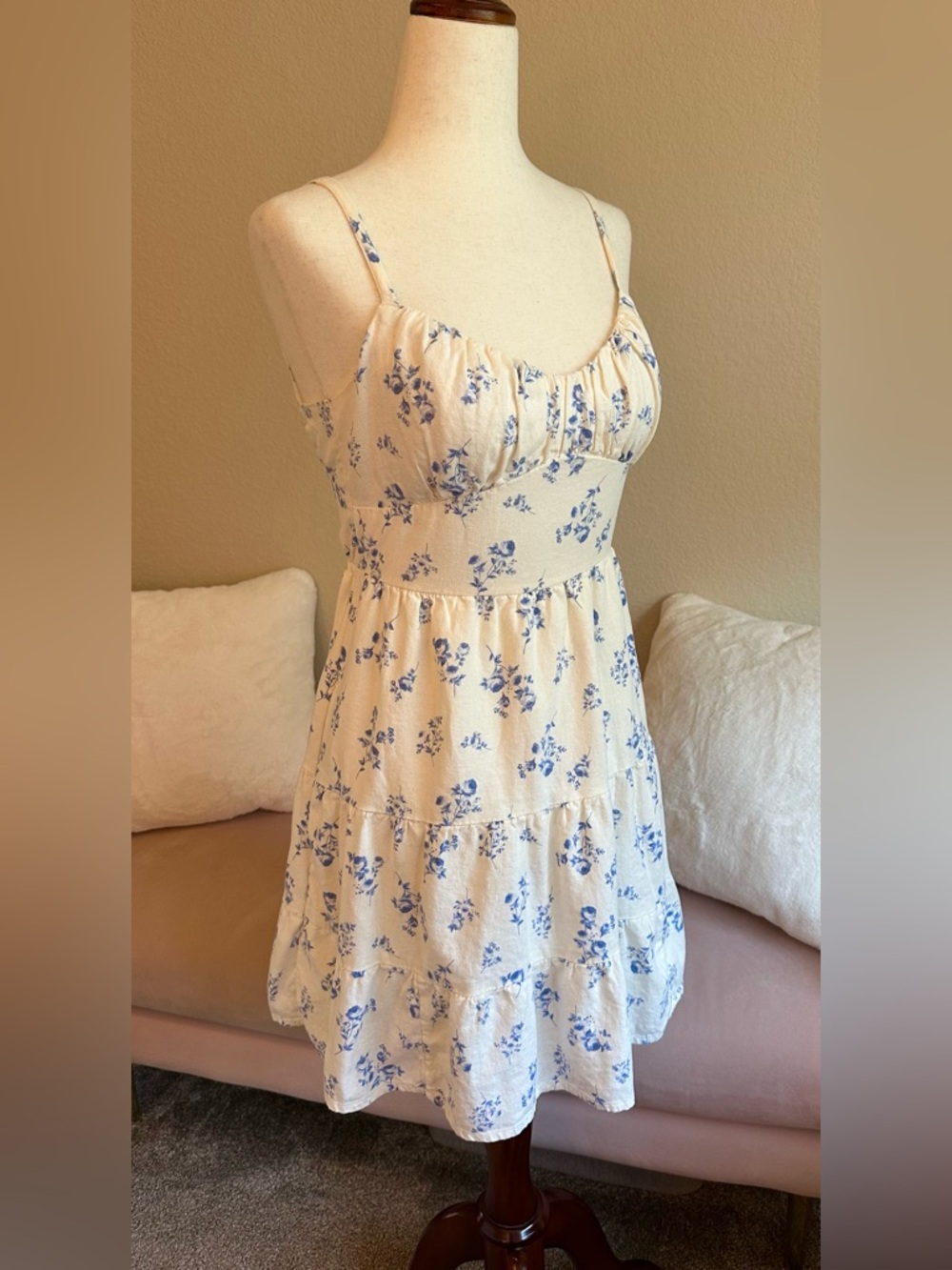 Hollister Mini Dress Floral Strap Tie Back Womens S Padded Top Babydoll Milkmaid